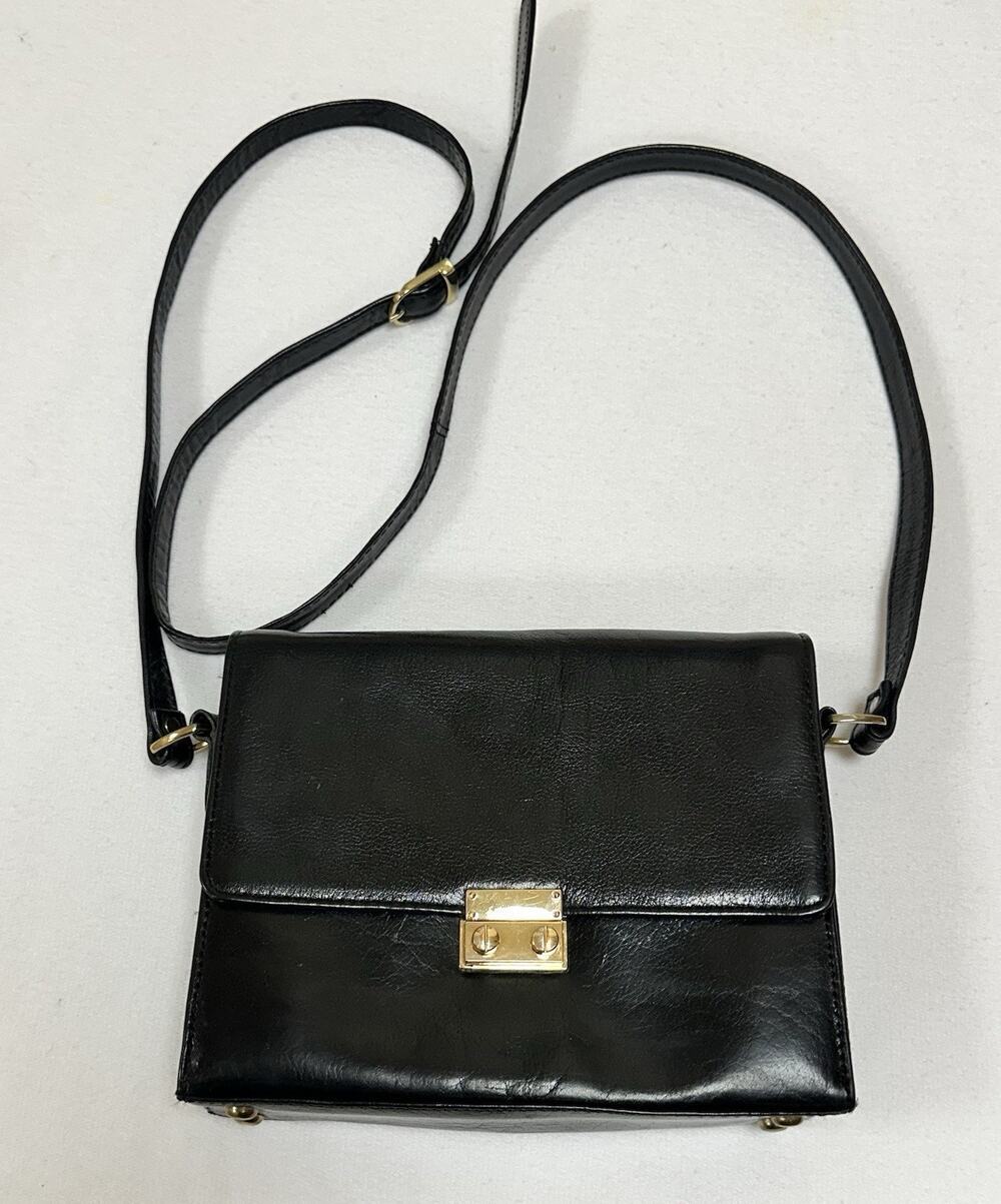 Ashwood Genuine Leather Black Crossbody Purse ADJ Strap Gold Hardware Old Money